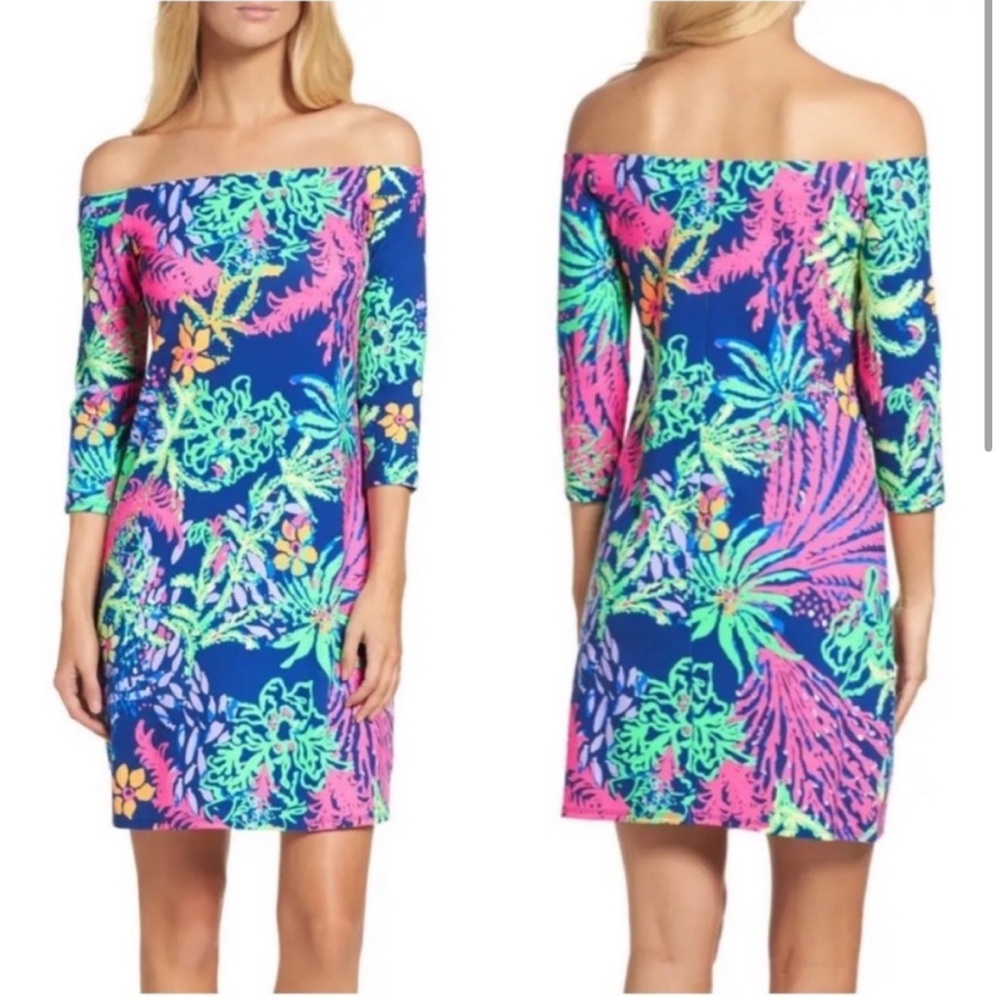 Lilly Pulitzer Blue Indigo Laurana off shoulder floral Dress